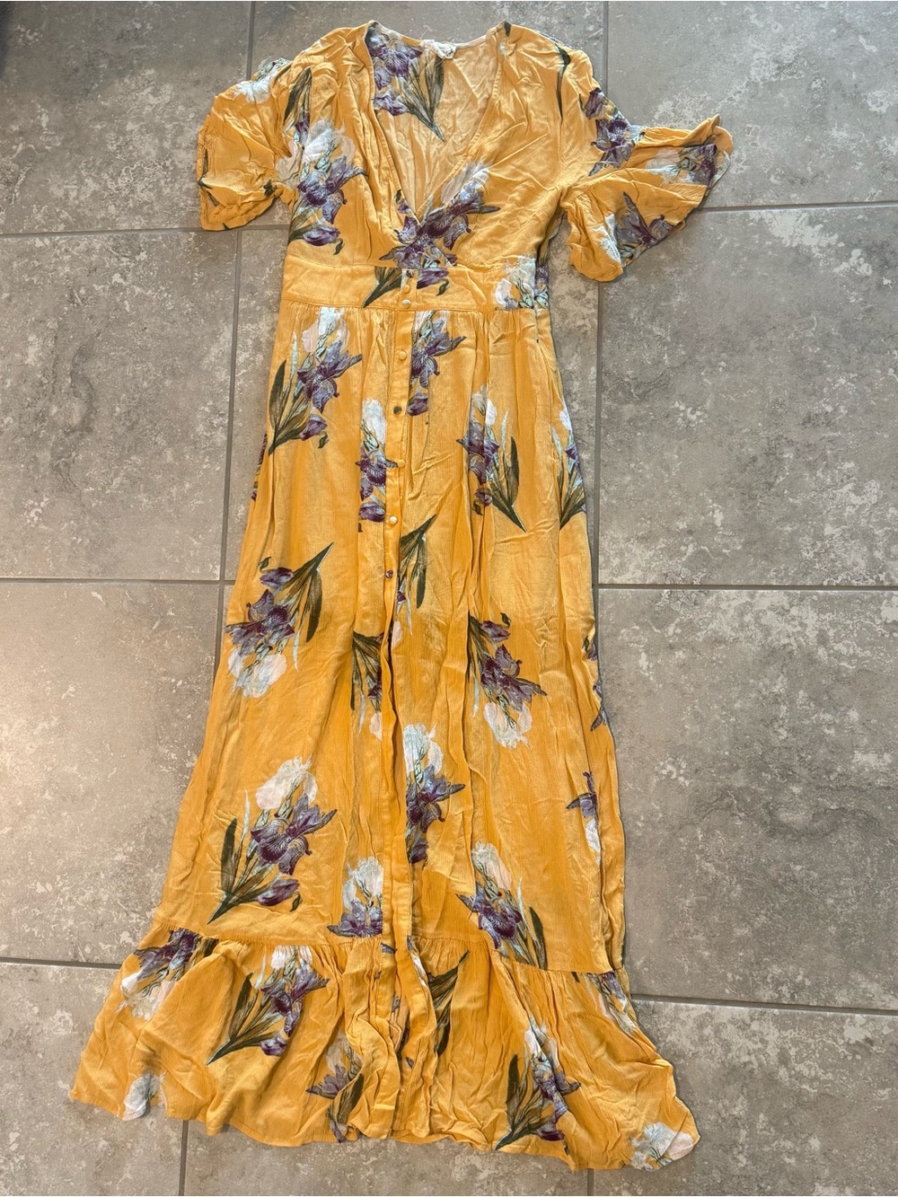 Aakaa Yellow Floral Button-Front Maxi Dress with Purple Accents